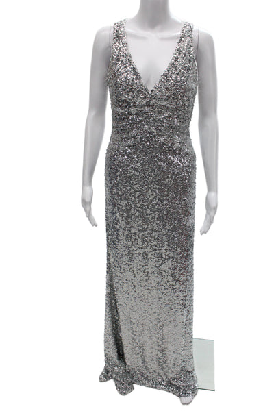 Badgley Mischka Women Silver V-Neck Maxi Dress Size 8