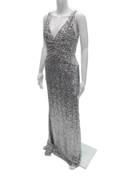 Badgley Mischka Women Silver V-Neck Maxi Dress Size 8