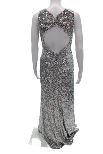 Badgley Mischka Women Silver V-Neck Maxi Dress Size 8