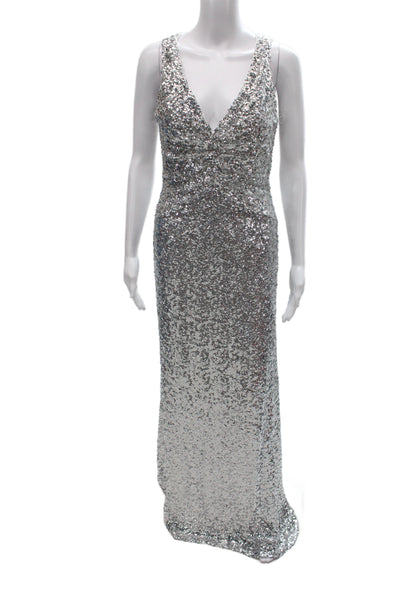 Badgley Mischka Women Maxi Dress Silver V-Neck Sleeveless Wedding Size 6