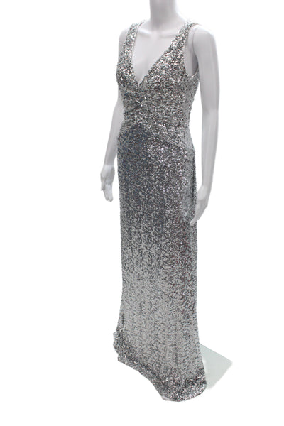 Badgley Mischka Women Maxi Dress Silver V-Neck Sleeveless Wedding Size 6
