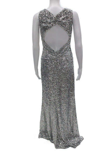 Badgley Mischka Women Maxi Dress Silver V-Neck Sleeveless Wedding Size 6