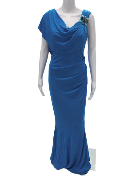 Badgley Mischka Women Mermaid Long Cowl Neck Sleeveless Blue Dress Size 4