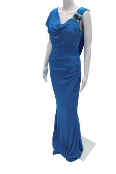 Badgley Mischka Women Mermaid Long Cowl Neck Sleeveless Blue Dress Size 4