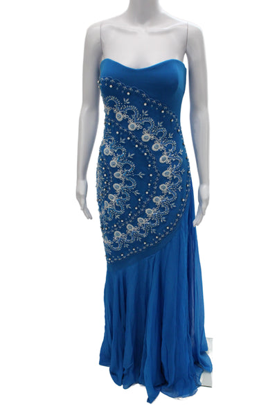 Badgley Mischka Women Mermaid Chiffon Sweetheart Sleeveless Blue Dress Size 4