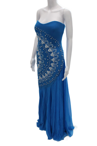 Badgley Mischka Women Mermaid Chiffon Sweetheart Sleeveless Blue Dress Size 4