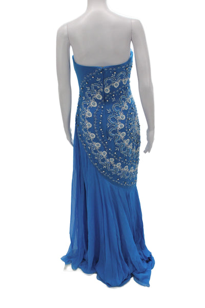 Badgley Mischka Women Mermaid Chiffon Sweetheart Sleeveless Blue Dress Size 4