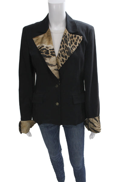Class Roberto Cavalli Viscose Blend Leather Detail Leopard Blazer Black Size 10