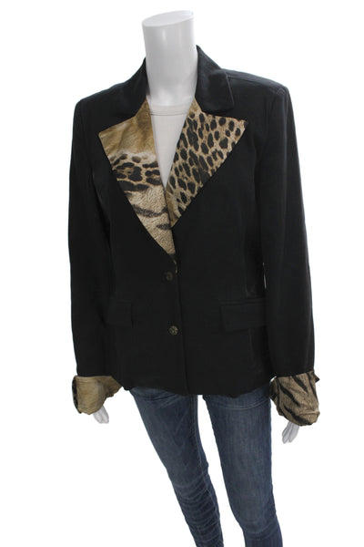 Class Roberto Cavalli Viscose Blend Leather Detail Leopard Blazer Black Size 10