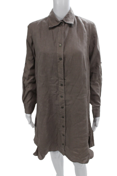 Finley Womens Tunic Button-Up Brown Linen Long Sleeve Size S
