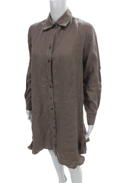 Finley Womens Tunic Button-Up Brown Linen Long Sleeve Size S