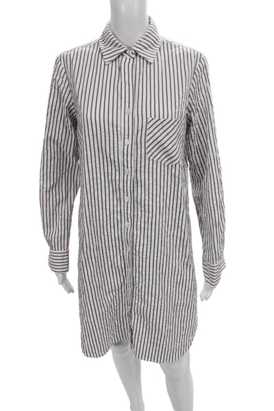 Finley Womens Button Up Tunic Brown Striped Collared Long Sleeve Size S