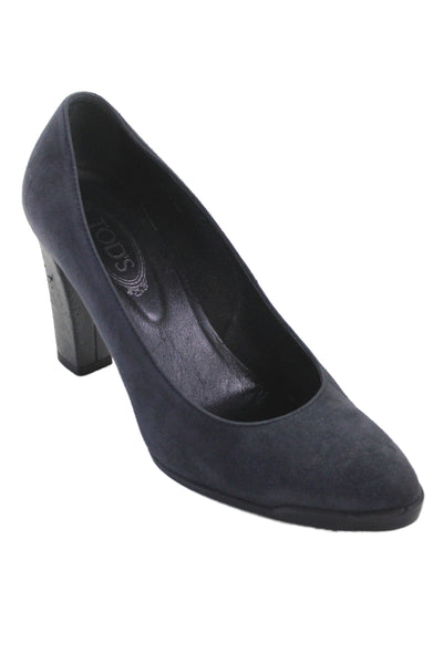 Tods Womens Suede Round Toe Slip On Heels Navy Size 36 6