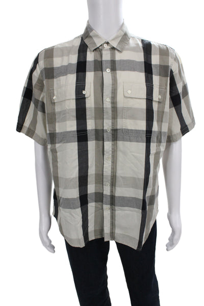 NSF Mens Plaid Button-Down Shirt Beige Cotton Short Sleeve Collared Size XL