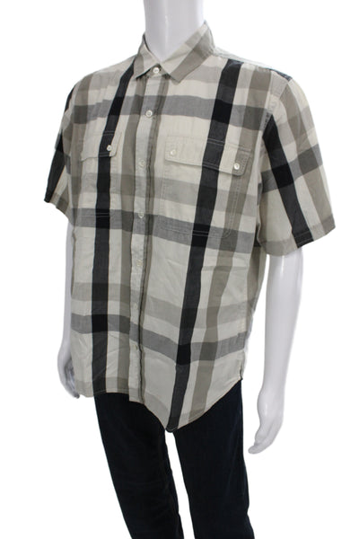 NSF Mens Plaid Button-Down Shirt Beige Cotton Short Sleeve Collared Size XL