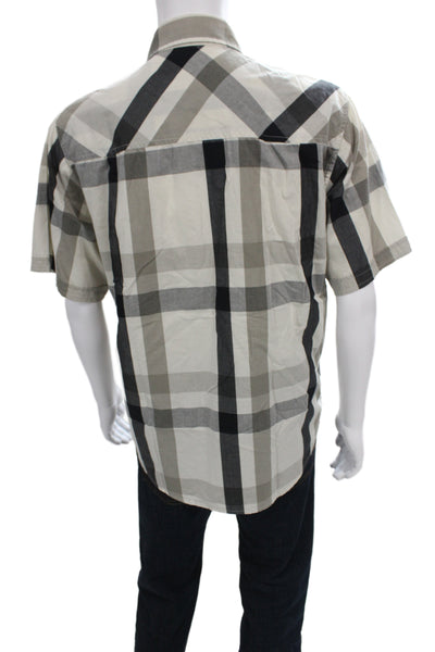 NSF Mens Plaid Button-Down Shirt Beige Cotton Short Sleeve Collared Size XL