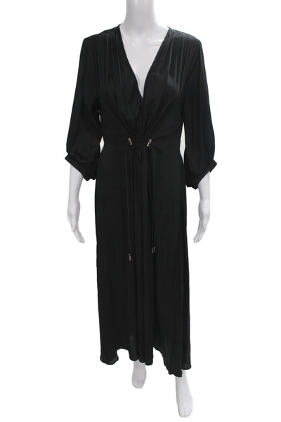Uli Herzner Womens Maxi Dress Black V-Neck 3/4 Sleeve Drawstring Size M