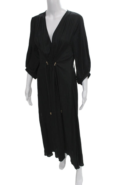Uli Herzner Womens Maxi Dress Black V-Neck 3/4 Sleeve Drawstring Size M