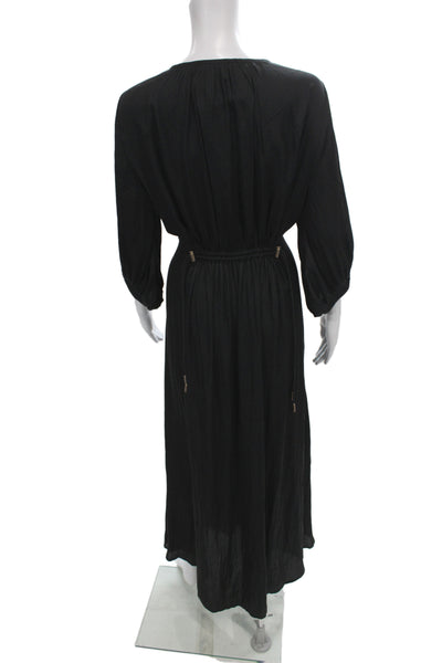 Uli Herzner Womens Maxi Dress Black V-Neck 3/4 Sleeve Drawstring Size M