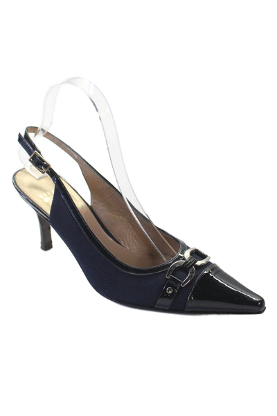 Stuart Weitzman Womens Leather Embellished Slingbacks Heels Shoes Navy Size 7.5M