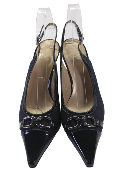Stuart Weitzman Womens Leather Embellished Slingbacks Heels Shoes Navy Size 7.5M