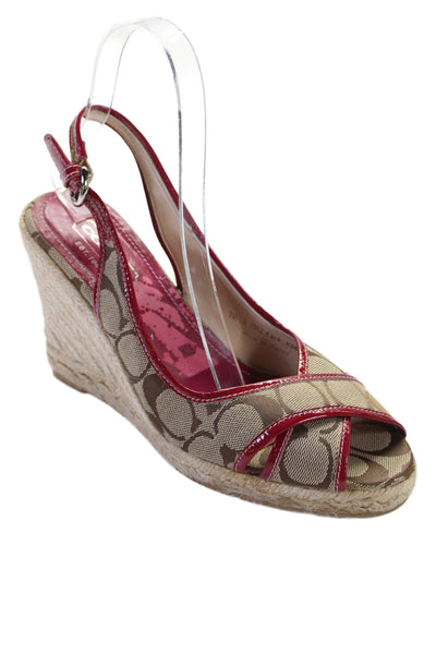 Coach Womens Monogram Canvas Open Toe Wedge Sandals Shoes Brown Size 7