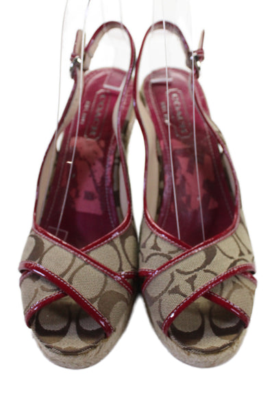 Coach Womens Monogram Canvas Open Toe Wedge Sandals Shoes Brown Size 7
