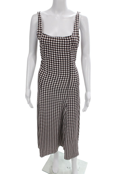 Zara Womens Brown Gingham Square Neck Midi Slip Dress Sleeveless Size S