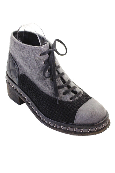 Chanel Womens Suede Leather Lace Up Ankle Boots Black Gray Size 8