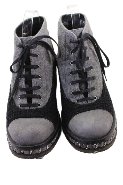 Chanel Womens Suede Leather Lace Up Ankle Boots Black Gray Size 8