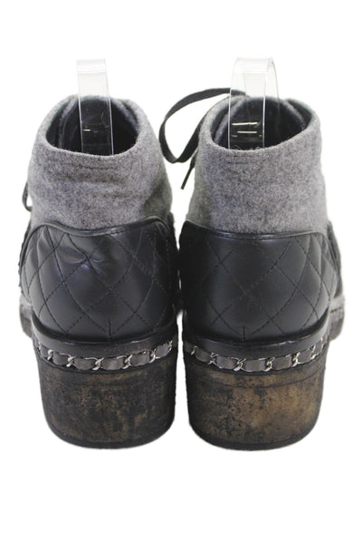 Chanel Womens Suede Leather Lace Up Ankle Boots Black Gray Size 8