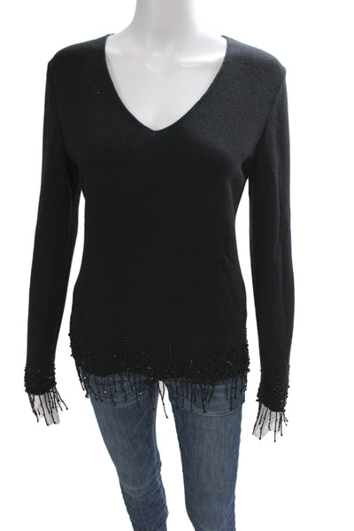 Pamela Dennis Womens Black 100% Cashmere Beaded V-Neck Pullover Sweater Size S