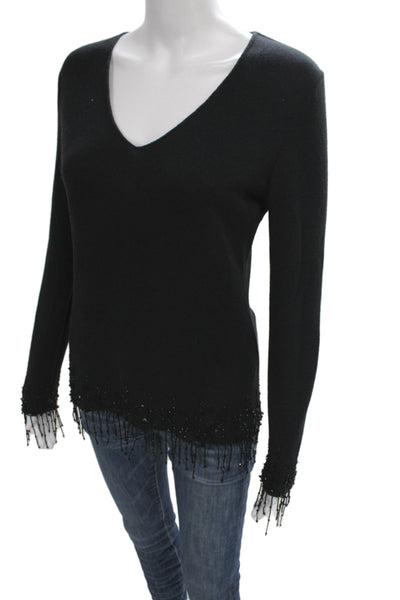 Pamela Dennis Womens Black 100% Cashmere Beaded V-Neck Pullover Sweater Size S
