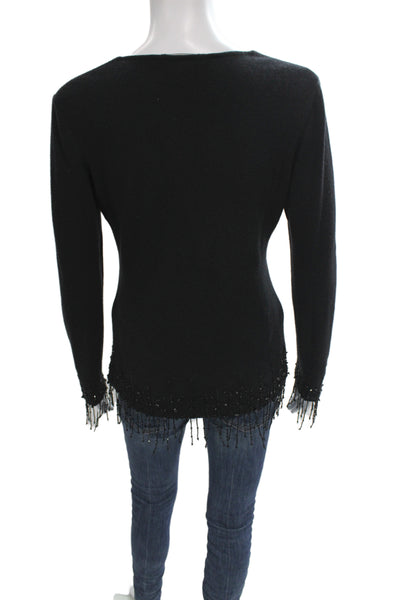 Pamela Dennis Womens Black 100% Cashmere Beaded V-Neck Pullover Sweater Size S