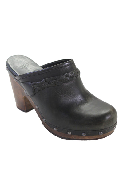 Ugg Womens Block Heel Platform Braided Leather Mules Clogs Black Size 8