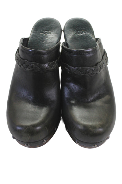 Ugg Womens Block Heel Platform Braided Leather Mules Clogs Black Size 8