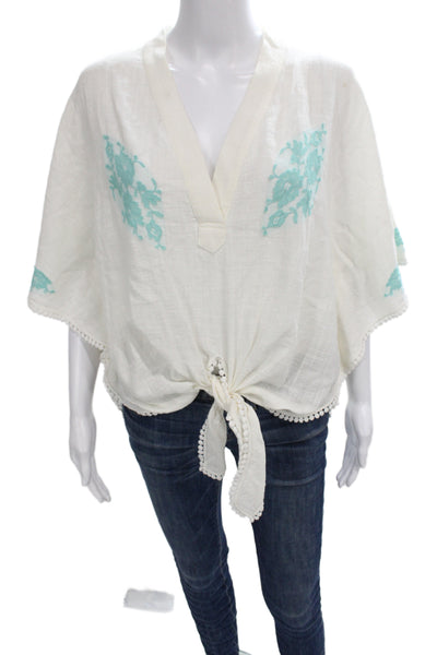 Vanita Rosa Women Bohemian Floral V-Neck Tunic Blouse White Linen Tie Size One