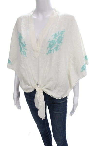 Vanita Rosa Women Bohemian Floral V-Neck Tunic Blouse White Linen Tie Size One