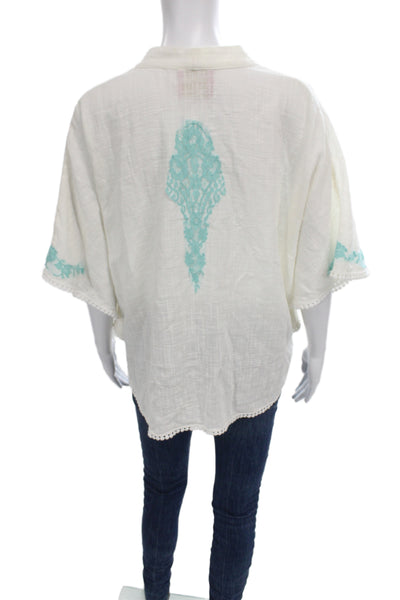 Vanita Rosa Women Bohemian Floral V-Neck Tunic Blouse White Linen Tie Size One