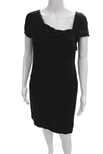 Valentino Women Black Silk Sheath Dress Cowl Neck Short Sleeve Size 8