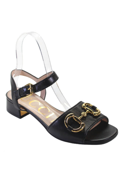Gucci Womens Horsebit Leather Ankle Strap Sandals Black Size 5