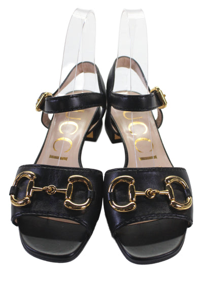 Gucci Womens Horsebit Leather Ankle Strap Sandals Black Size 5