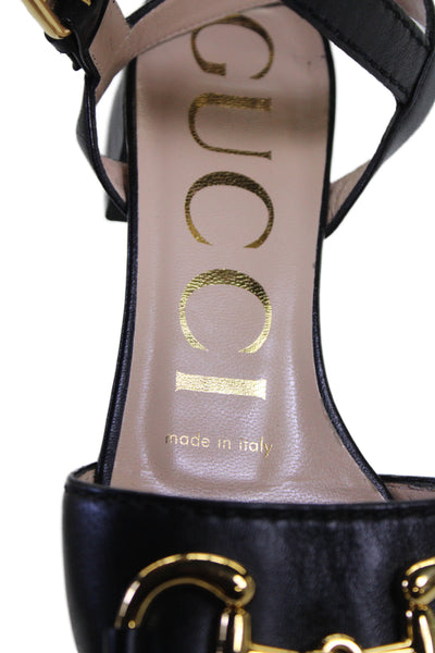 Gucci Womens Horsebit Leather Ankle Strap Sandals Black Size 5