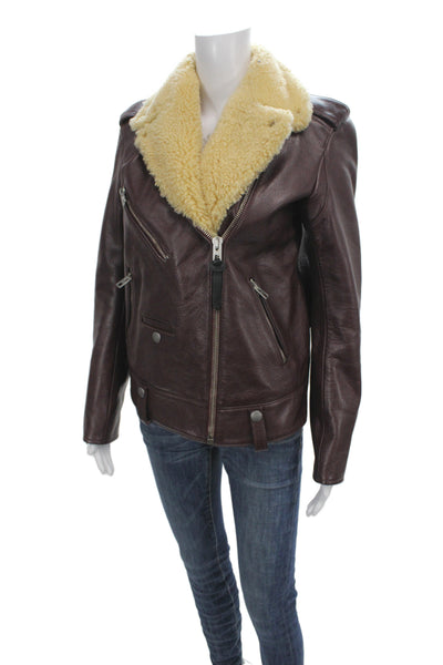 Coach Womens Biker Calf Leather Jacket Brown Snap Size S
