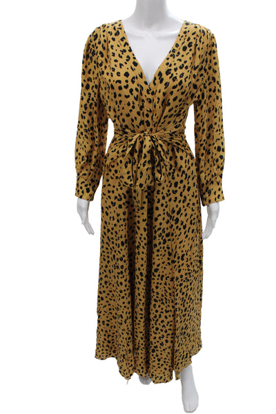 Nicholas Women Maxi Dress Yellow Silk Animal Print V-Neck Long Sleeve Size 8