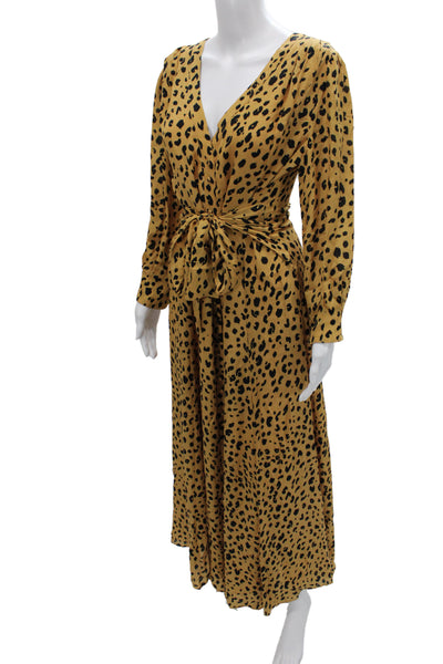 Nicholas Women Maxi Dress Yellow Silk Animal Print V-Neck Long Sleeve Size 8