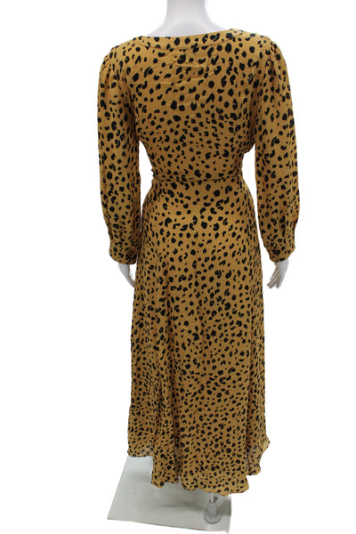 Nicholas Women Maxi Dress Yellow Silk Animal Print V-Neck Long Sleeve Size 8
