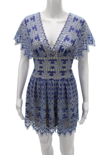 BCBGMAXAZRIA Womens Fit & Flare Blue Geometric V Neck Mini Dress Size 0