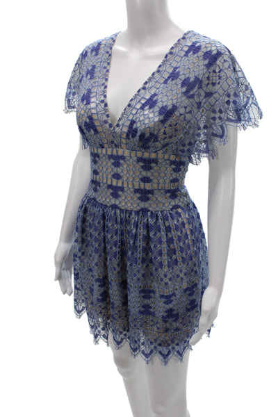 BCBGMAXAZRIA Womens Fit & Flare Blue Geometric V Neck Mini Dress Size 0
