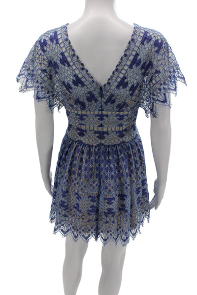 BCBGMAXAZRIA Womens Fit & Flare Blue Geometric V Neck Mini Dress Size 0